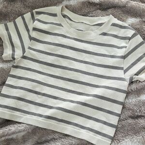 J.o&co Striped Stretch Crop Shirt in Gray and Cement.